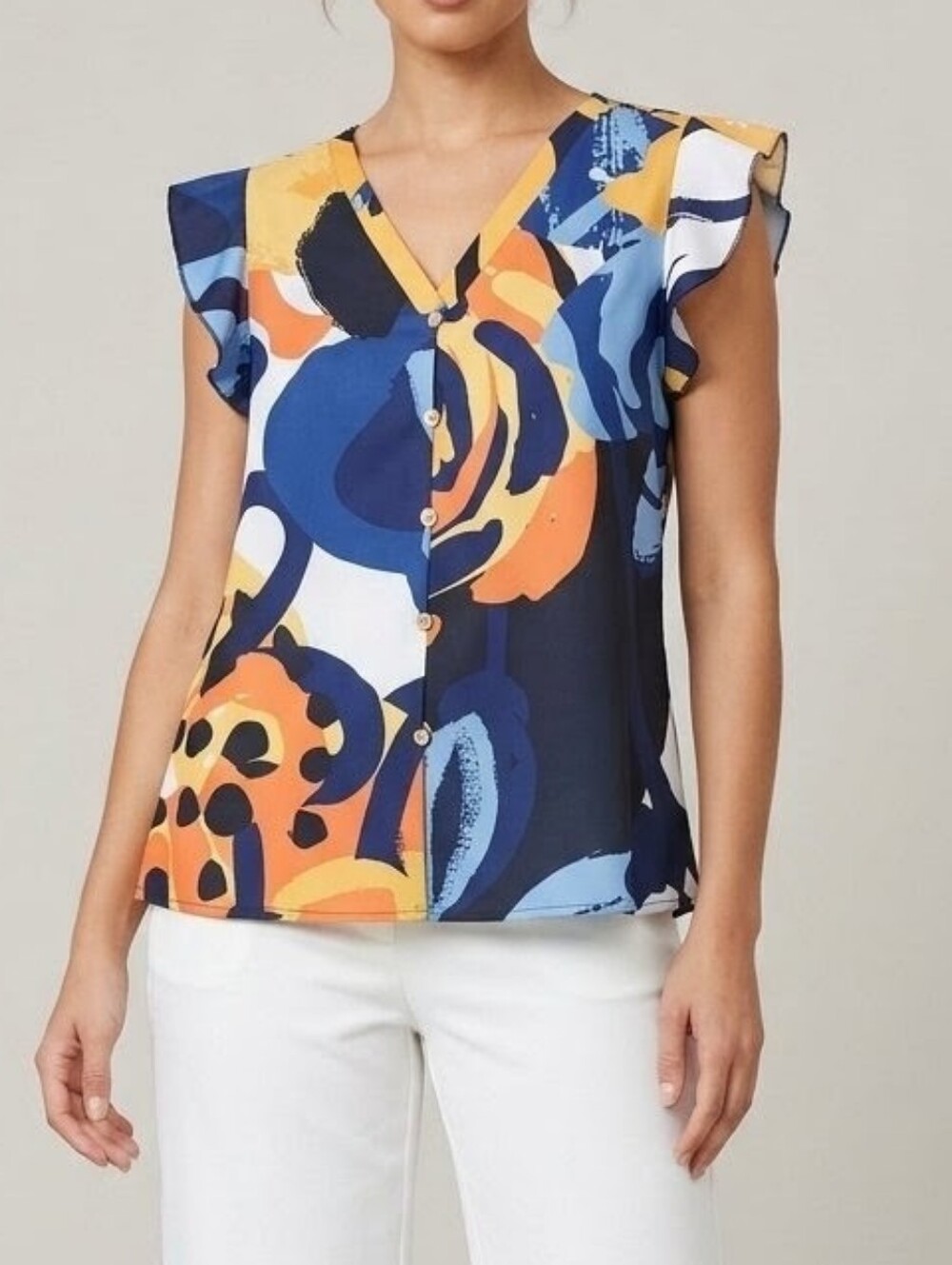 Abstract Floral V-Neck Button-Front Blouse | Flutter Sleeve Top - Size Small NWT